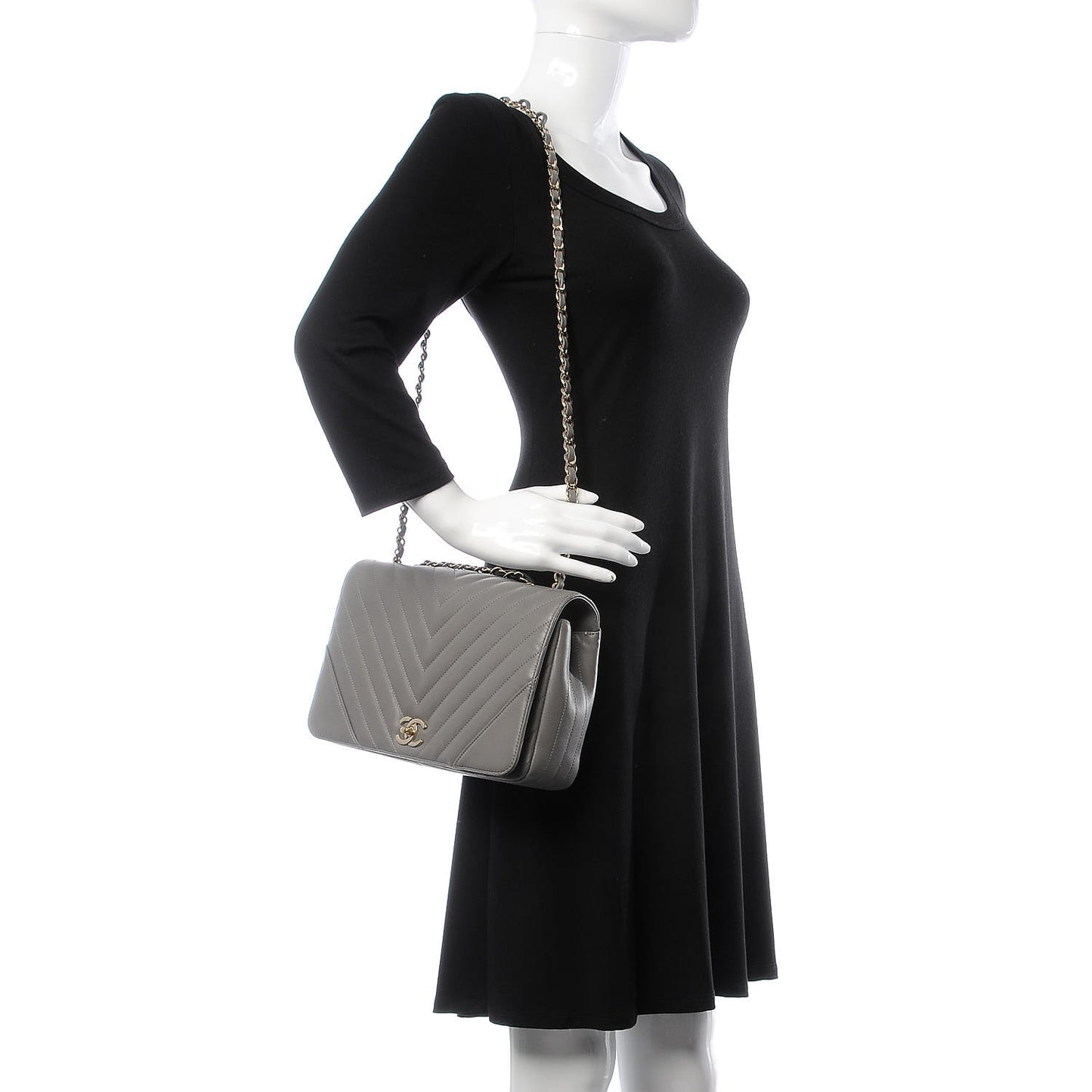 Calfskin Chevron Quilted Medium Statement Flap Grey