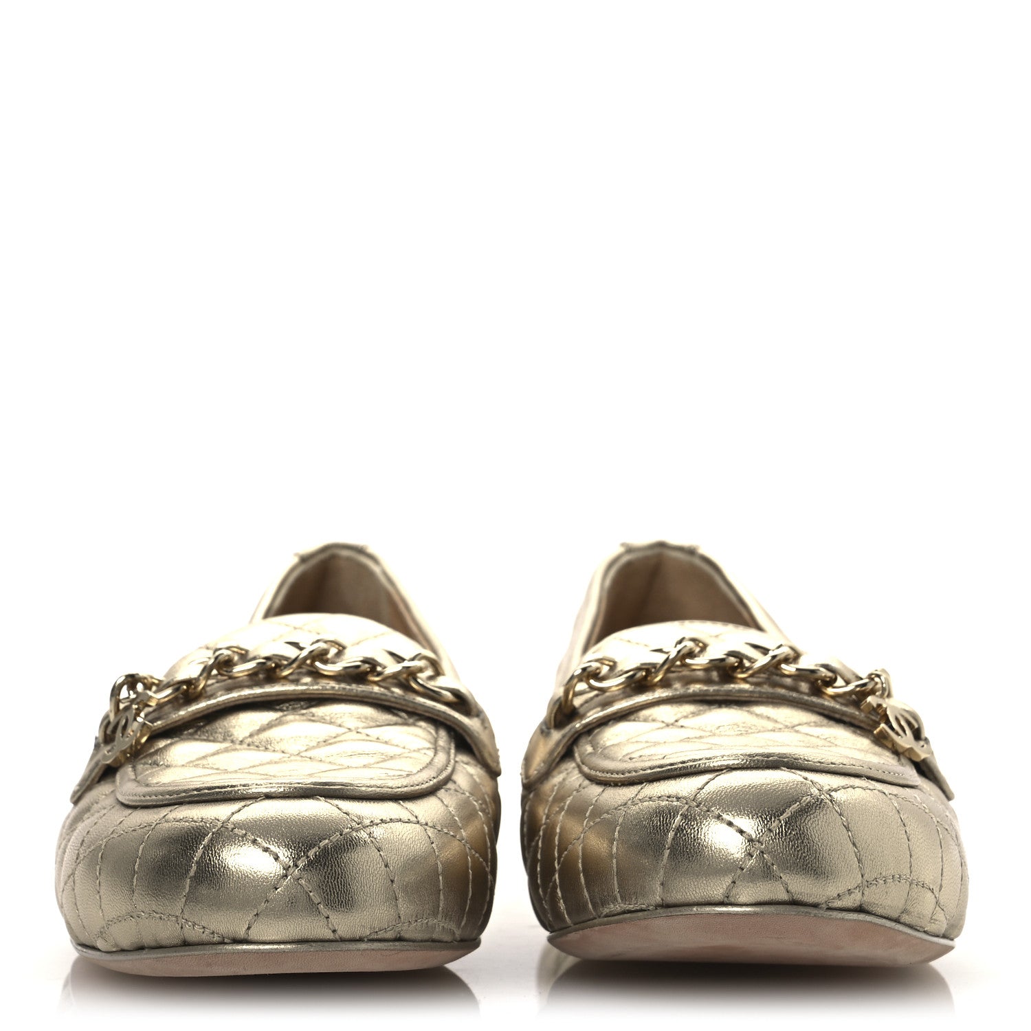 Chanel Metallic Lambskin Quilted Womens Chain CC Loafers 39.5 Gold 3 of 11