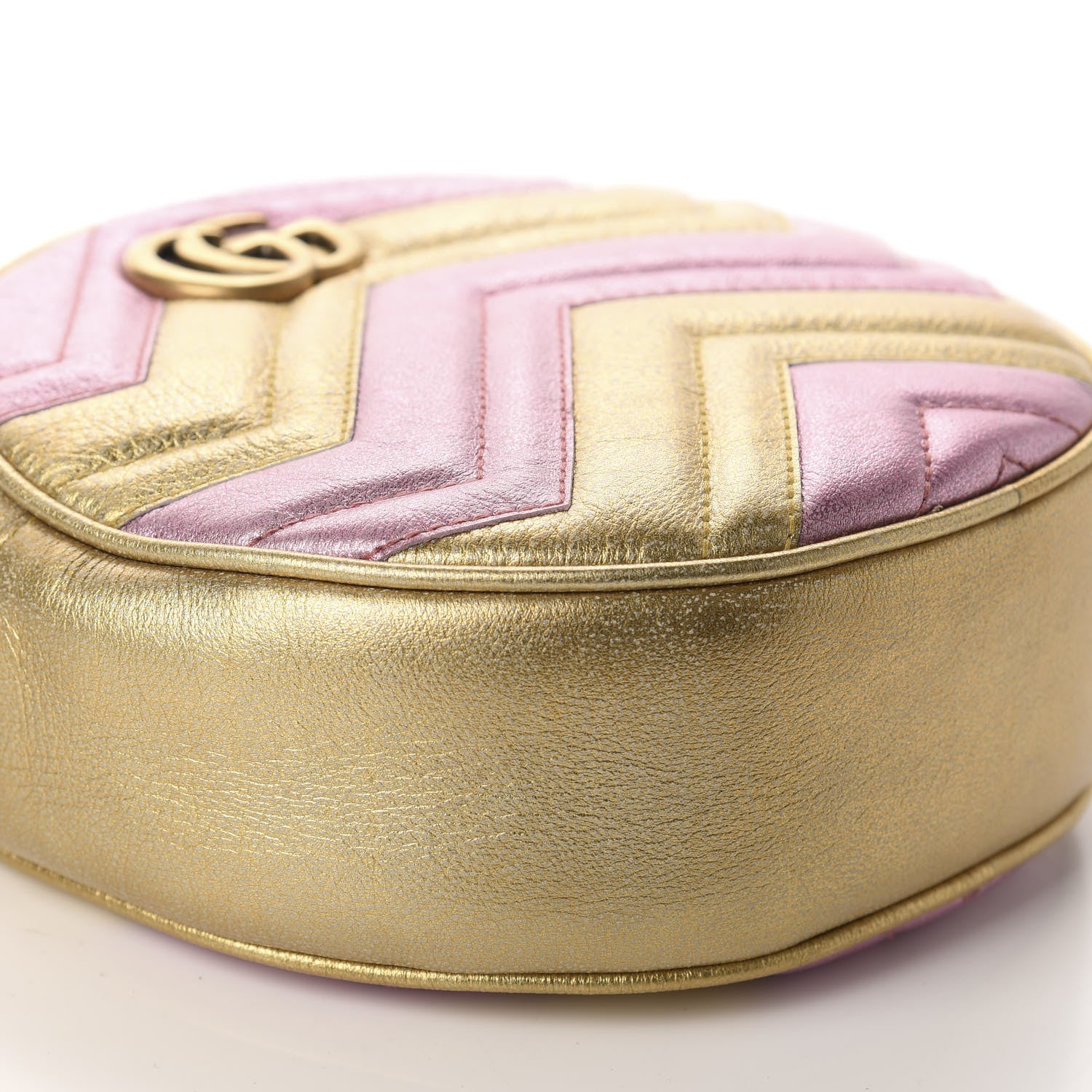 Gucci Metallic Calfskin Matelasse Mini GG Marmont Round Shoulder Bag Gold Pink 6 of 11