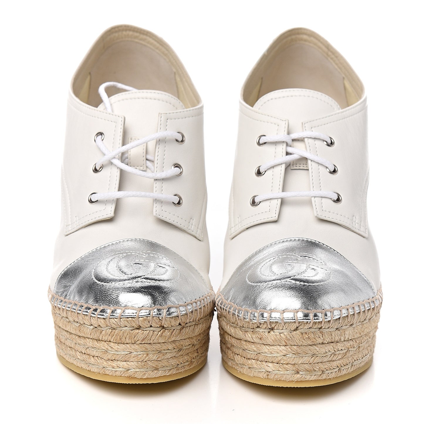 Metallic Calfskin Pilar Cap Toe Logo Espadrille Wedge Sneakers 40.5 White Silver