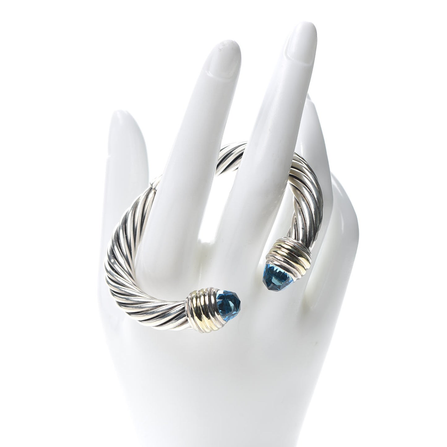 Sterling Silver 14K Yellow Gold Blue Topaz 10mm Cable Classics Hinged Bracelet