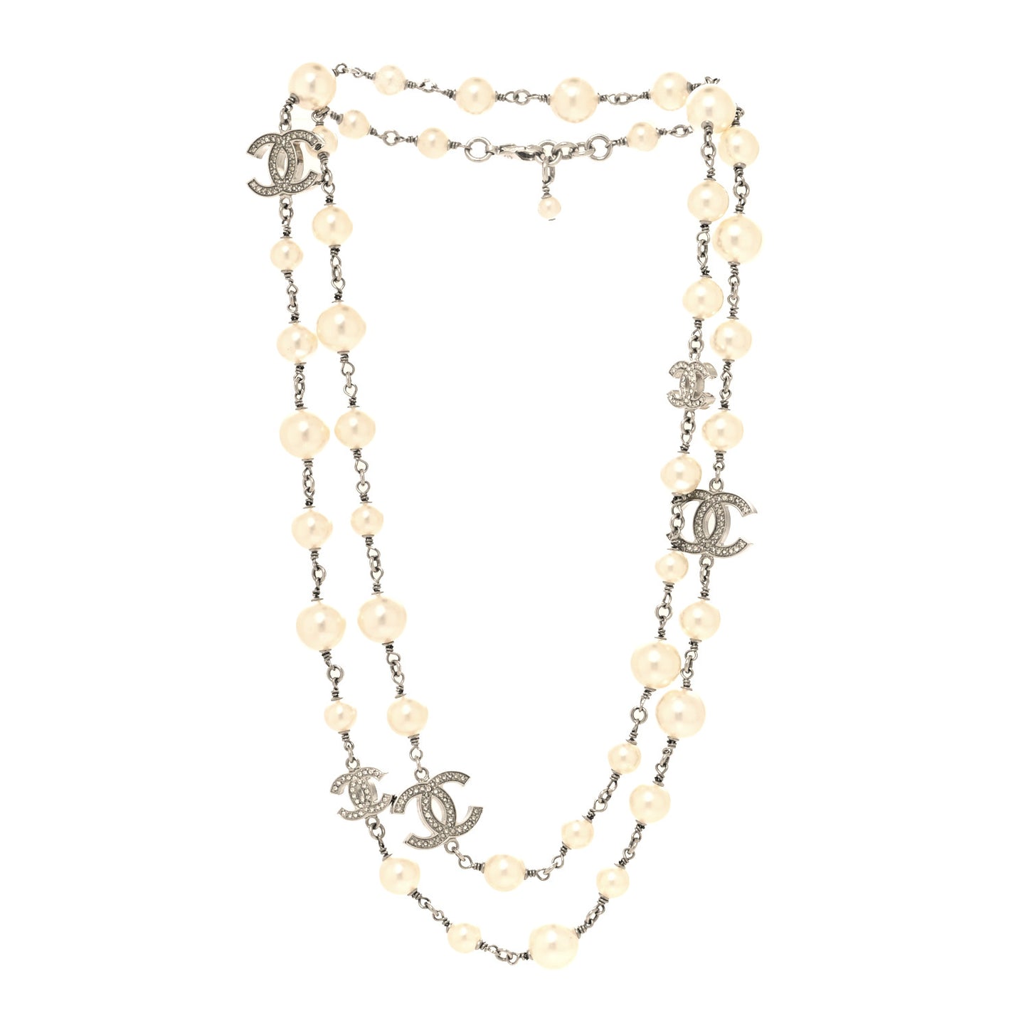 Crystal Pearl CC Long Necklace Silver