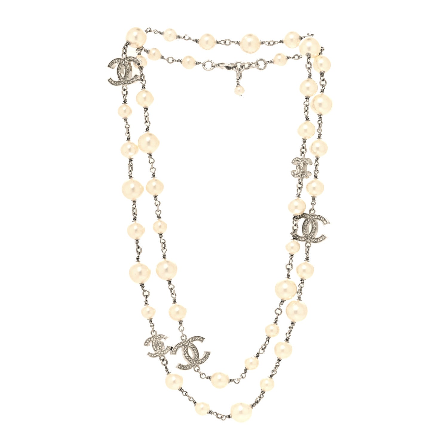Chanel Crystal Pearl CC Long Necklace Silver 3 of 5