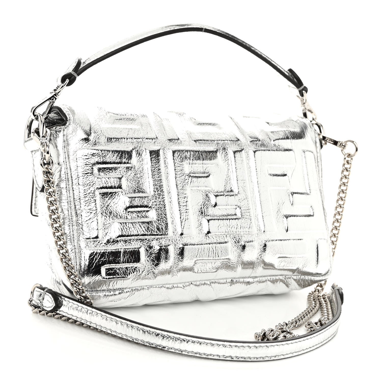Fendi Vitello Catalan Mirror FF 1974 Embossed Mini Baguette Argento 3 of 9