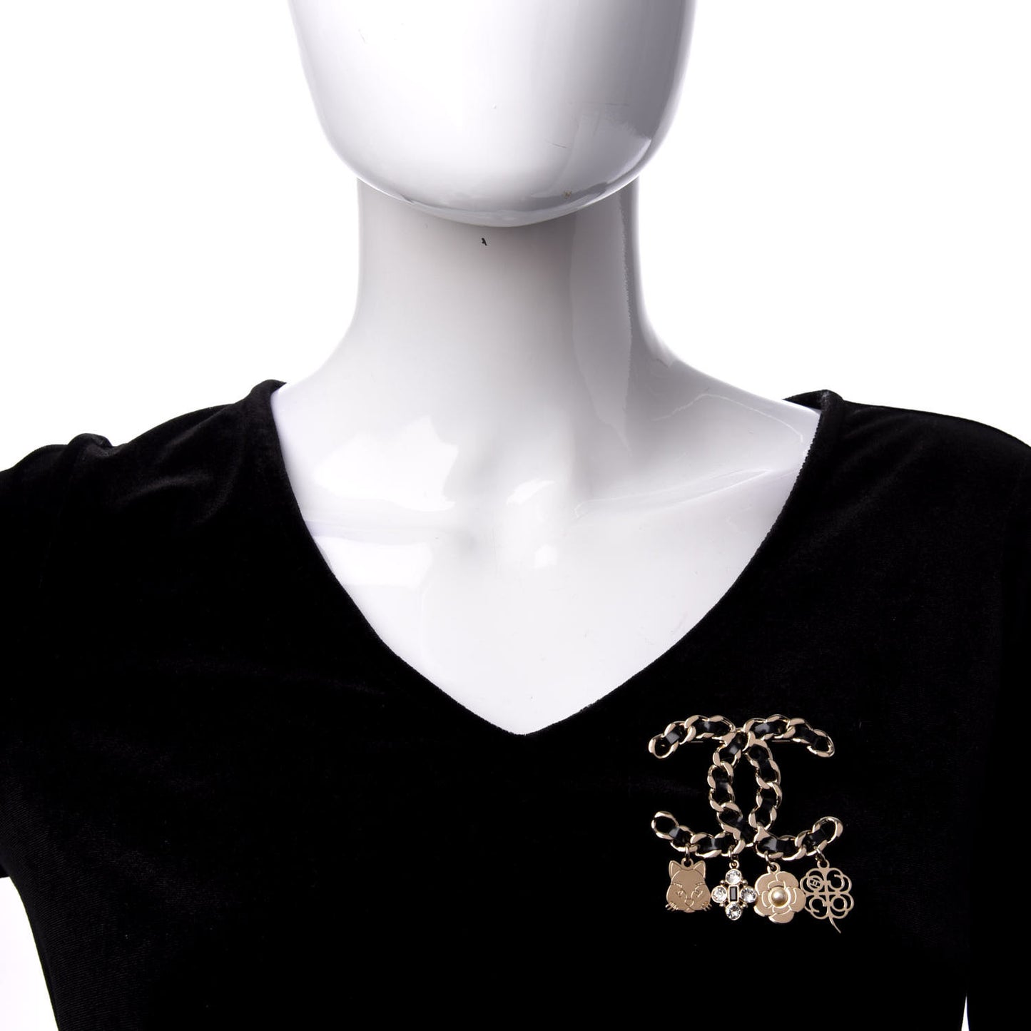 Lambskin Crystal Chain CC Charms Brooch Black Gold