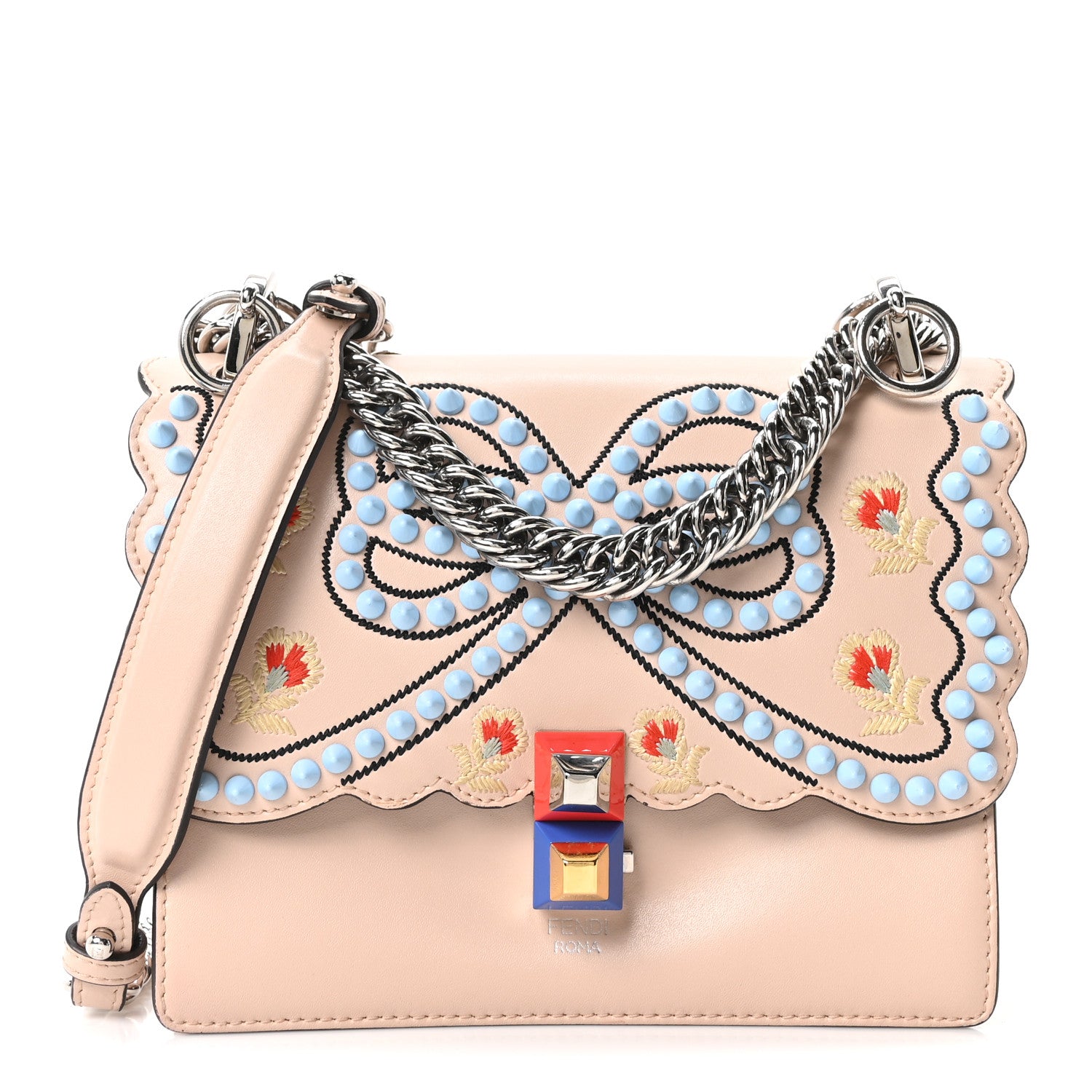 Fendi Vitello Liberty Scalloped Studded Flowers and Bows Small Kan I Shoulder Bag Plaster Multicolor 1 of 10
