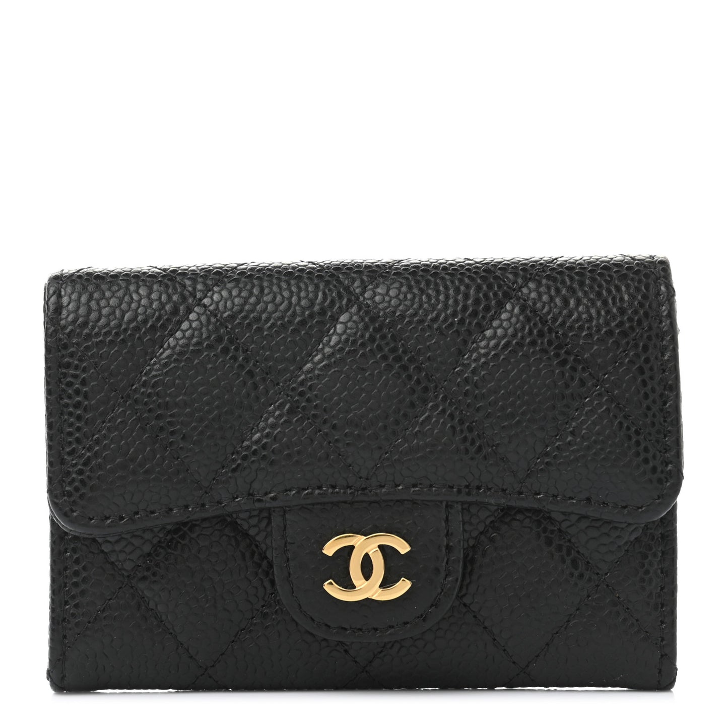 Caviar Quilted Flap Card Holder Wallet Black