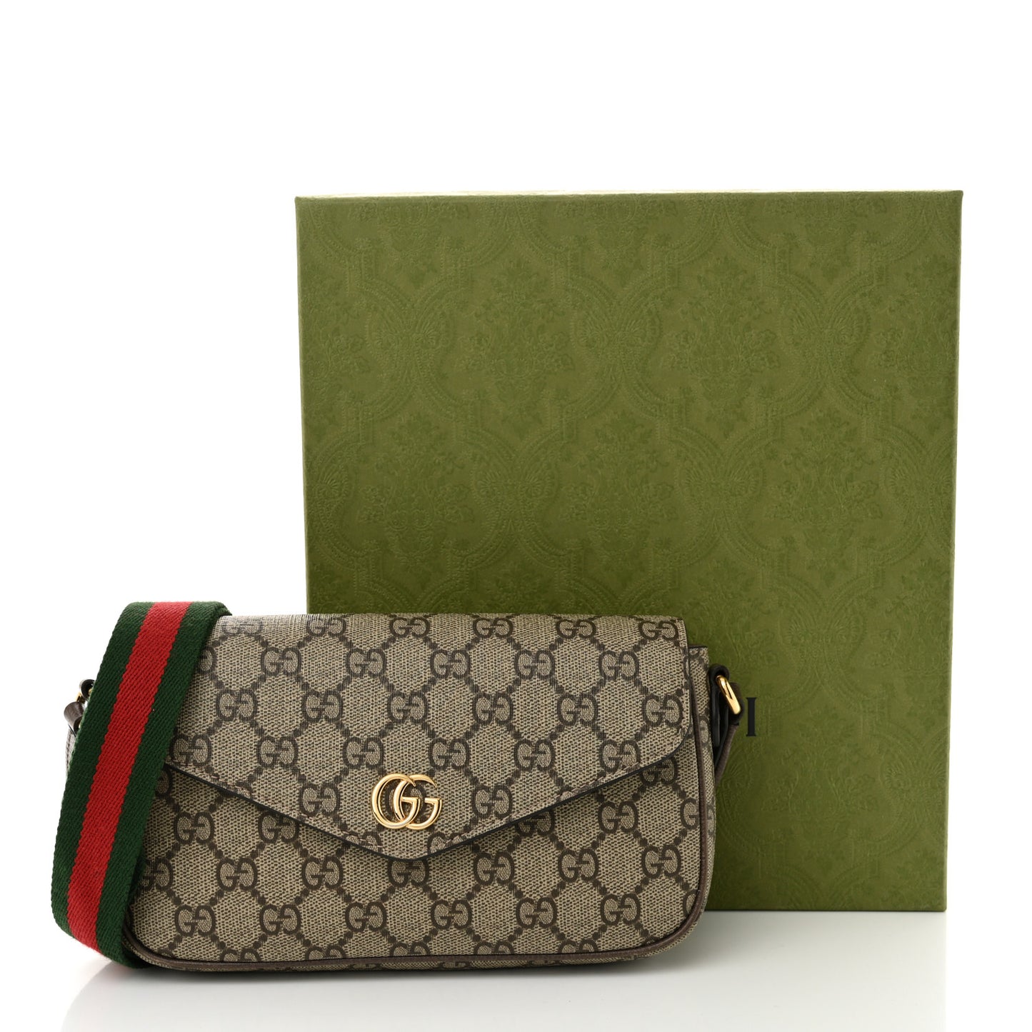 GG Supreme Monogram Textured Dollar Calfskin Web Mini Ophidia Envelope Shoulder Bag Beige Ebony