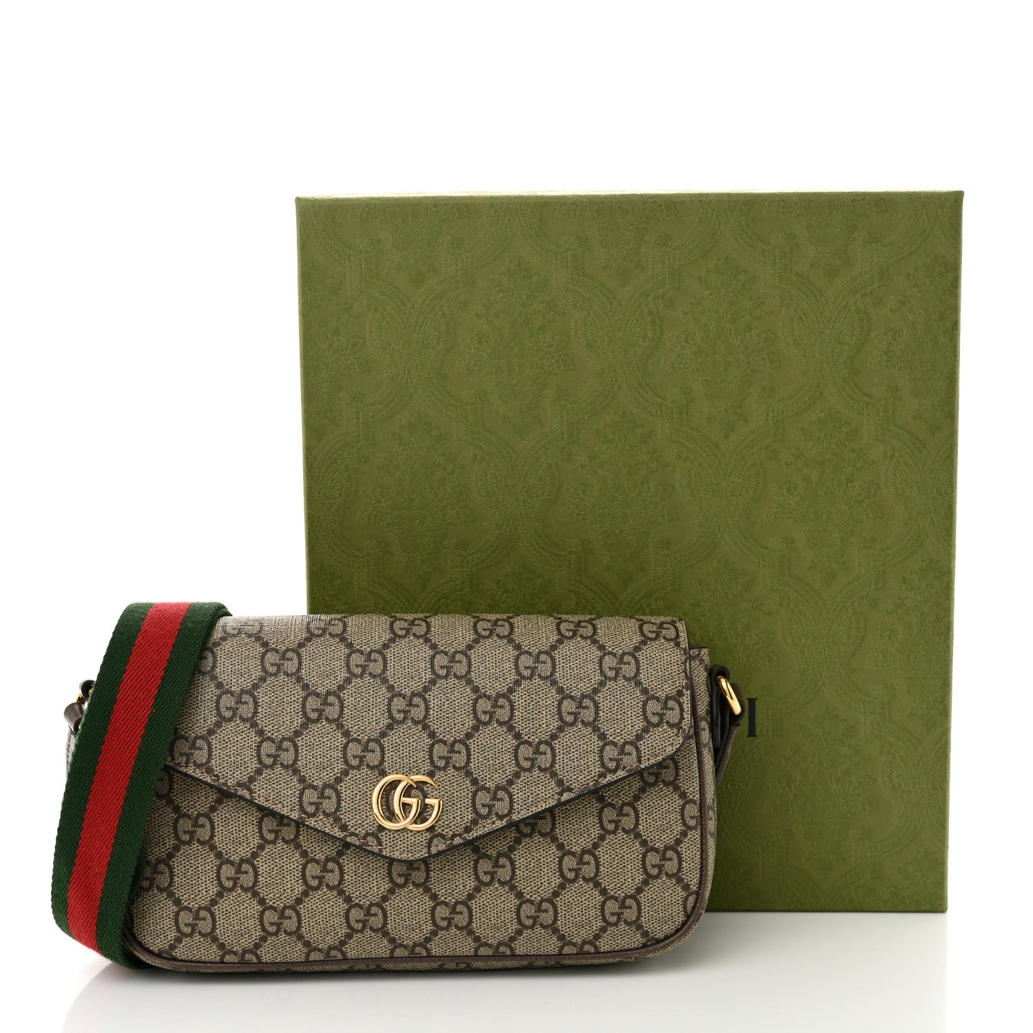 Gucci GG Supreme Monogram Textured Dollar Calfskin Web Mini Ophidia Envelope Shoulder Bag Beige Ebony 12 of 12