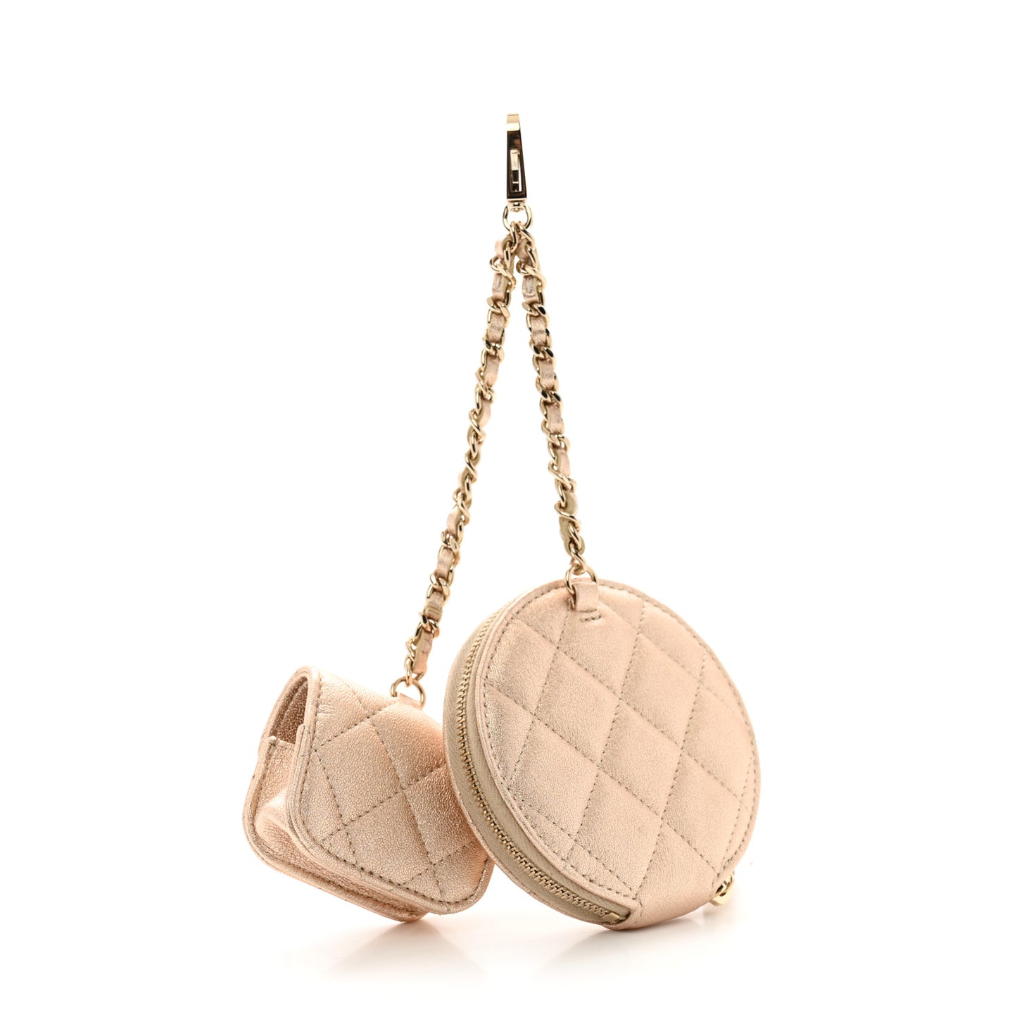 Metallic Lambskin Quilted Round Clip On Coin Purse Airpods Case Gold