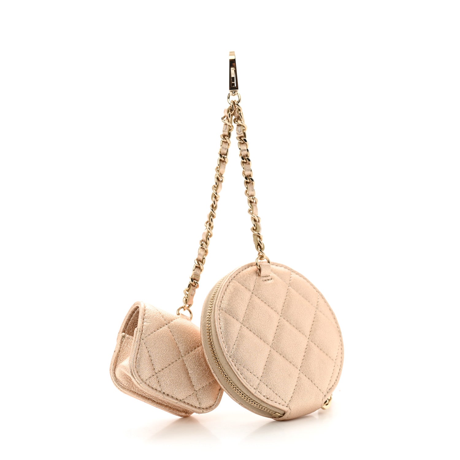 Chanel Metallic Lambskin Quilted Round Clip On Coin Purse Airpods Case Gold 3 of 10
