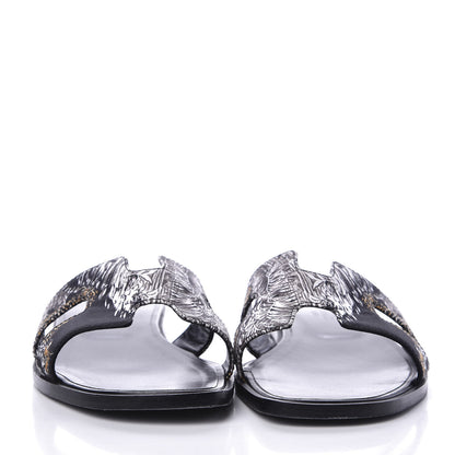 Hermes Silk Printed Equateur Tattoo Oran Sandals 37.5 Black 3 of 9