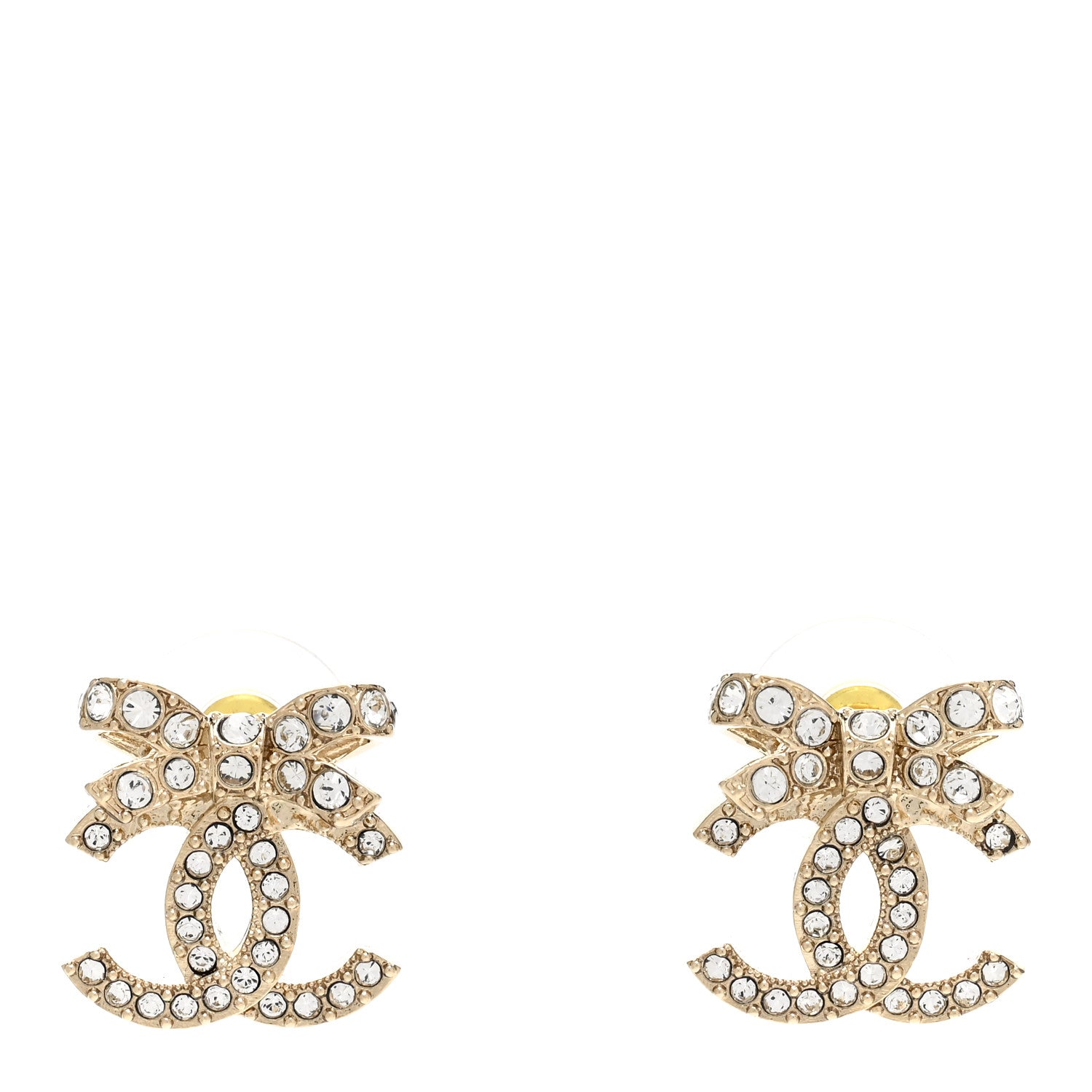 Chanel Crystal CC Bow Dangle Earrings Gold 1 of 5