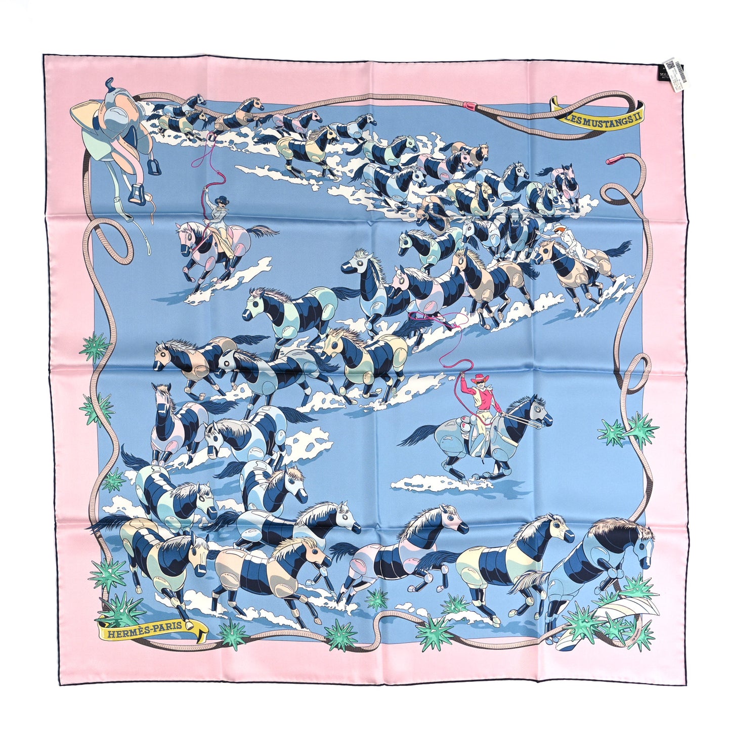 Silk Les Mustangs Double Face Scarf 90 Rose Vif Bleu Multicolor