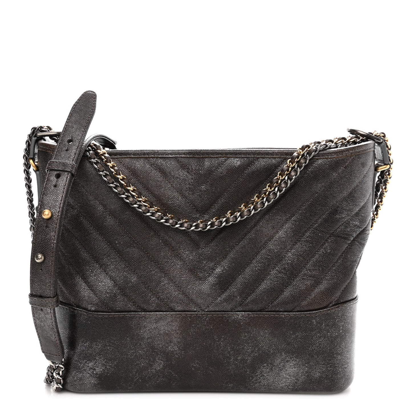 Metallic Caviar Chevron Quilted Medium Gabrielle Hobo Dark Silver Gold