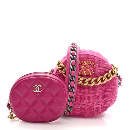 Chanel Wool Tweed Lambskin Quilted Chanel 19 Round Clutch With Chain and Coin Purse Fuchsia 3 of 10