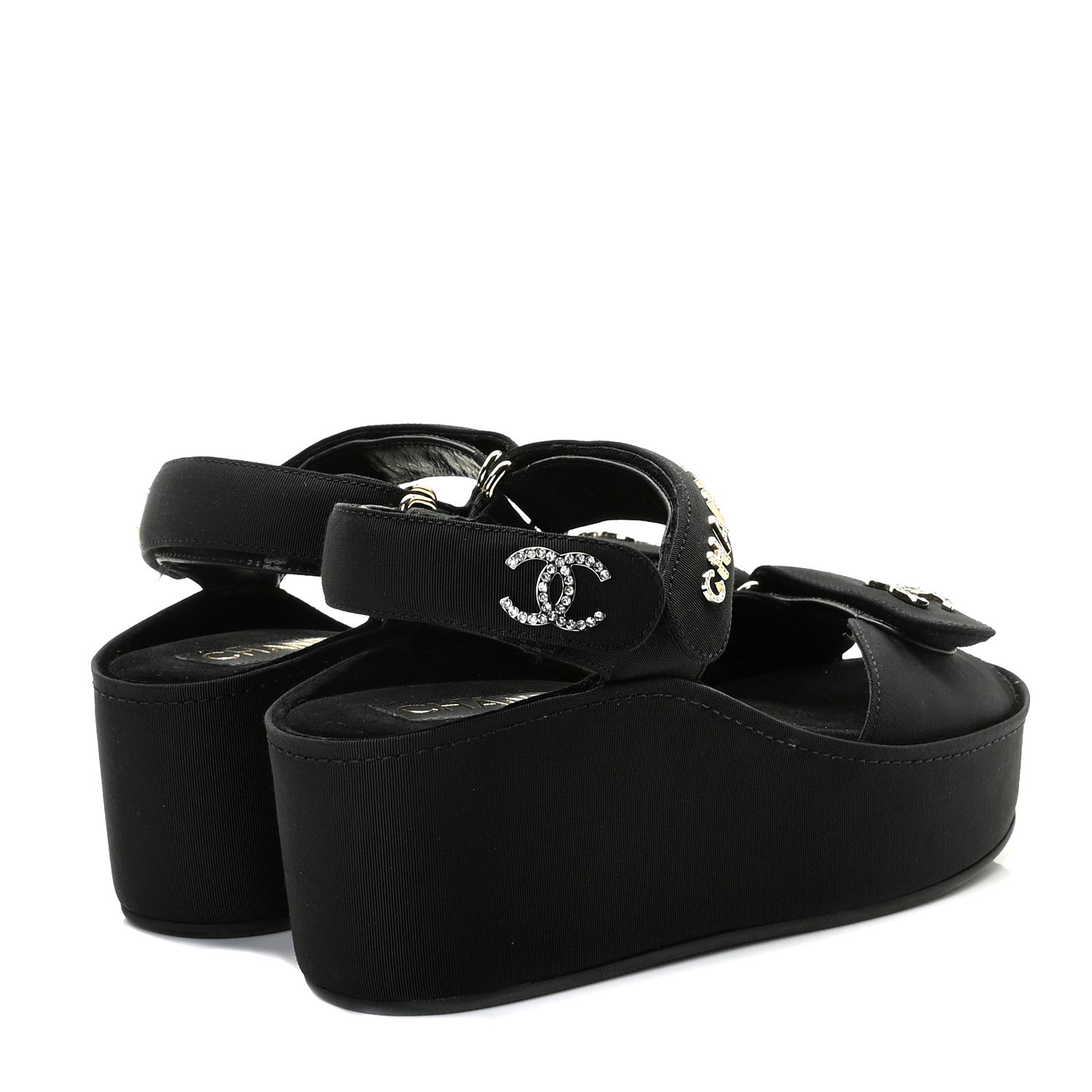 Chanel Grosgrain Crystal Logo Platform Sandals 36 Black 4 of 9