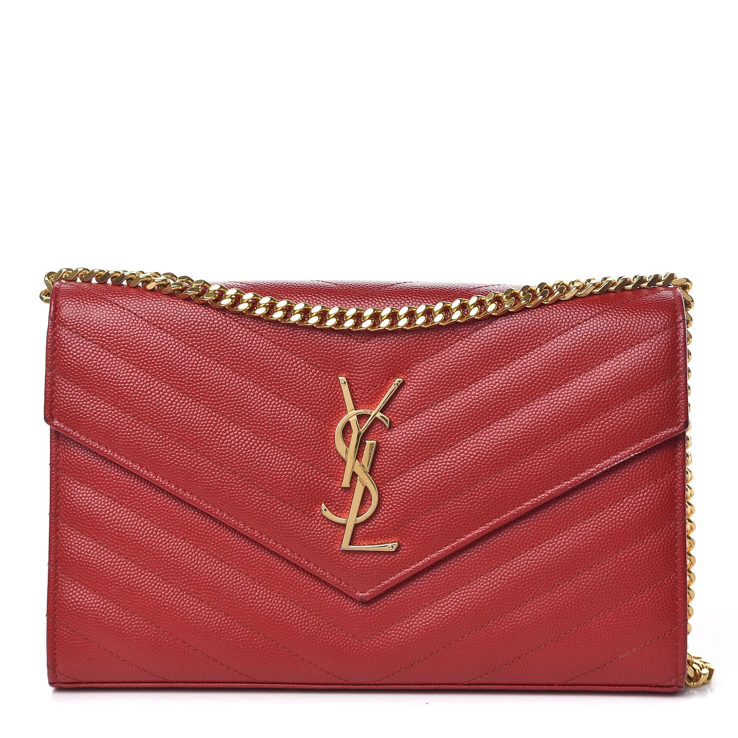 Saint Laurent Grain De Poudre Matelasse Chevron Monogram Chain Wallet New Red 1 of 14