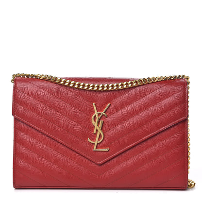 Saint Laurent Grain De Poudre Matelasse Chevron Monogram Chain Wallet New Red 1 of 14