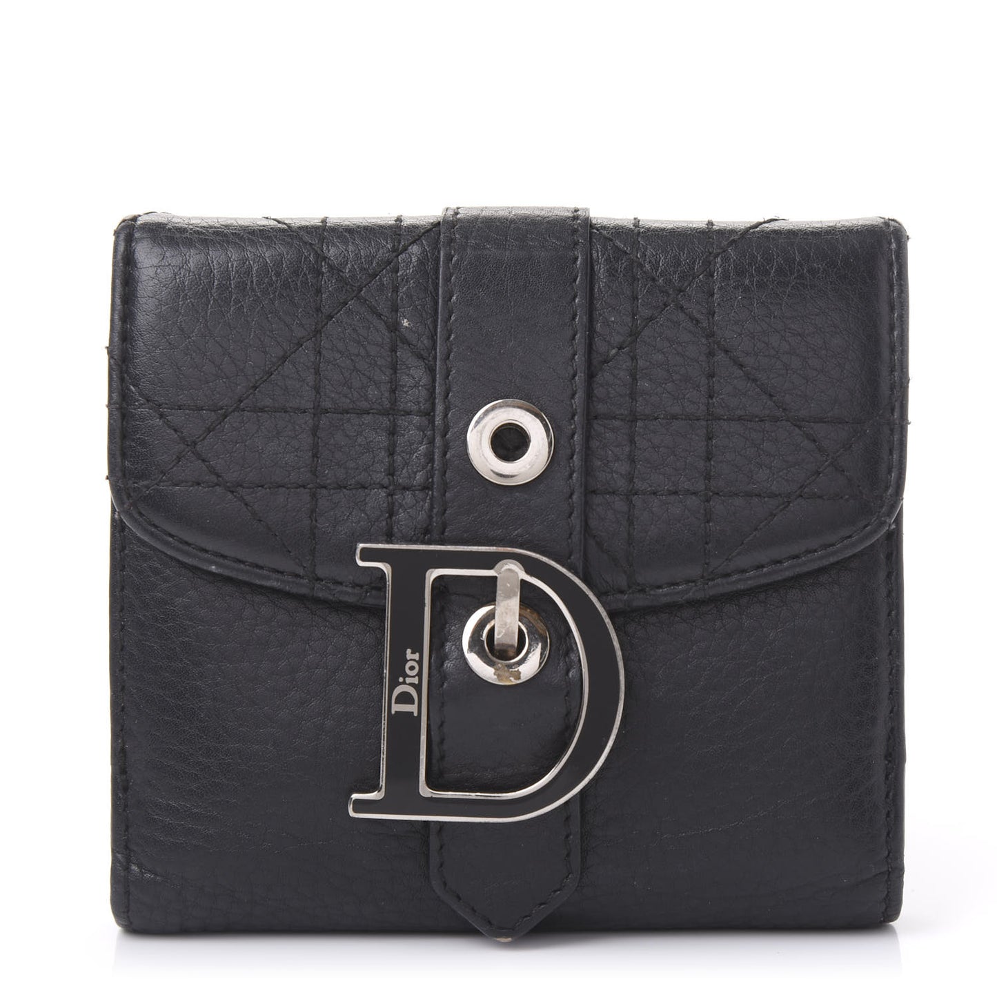 Grained Calfskin Cannage D Flap Wallet Black