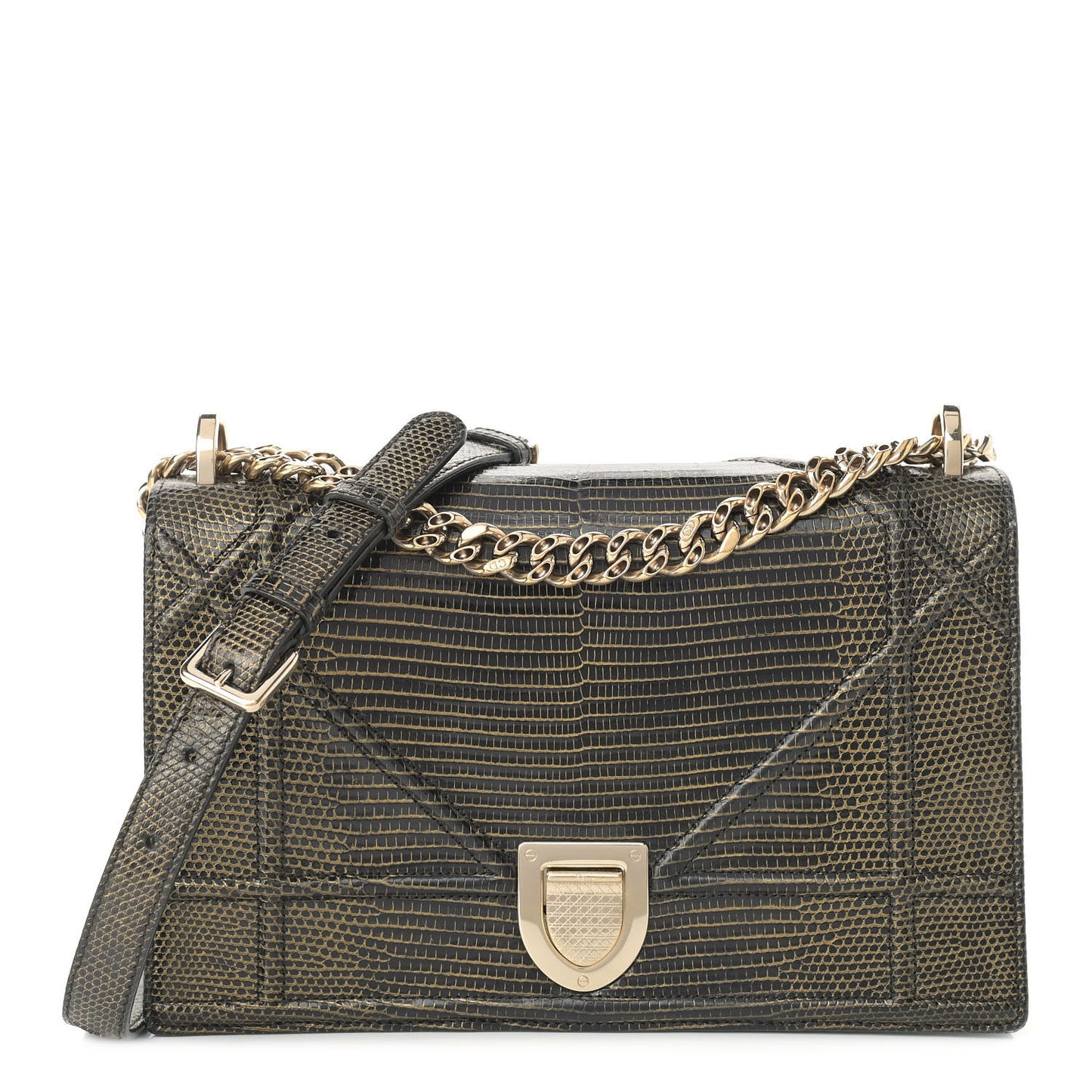 Lizard Medium Diorama Flap Bag Black Gold