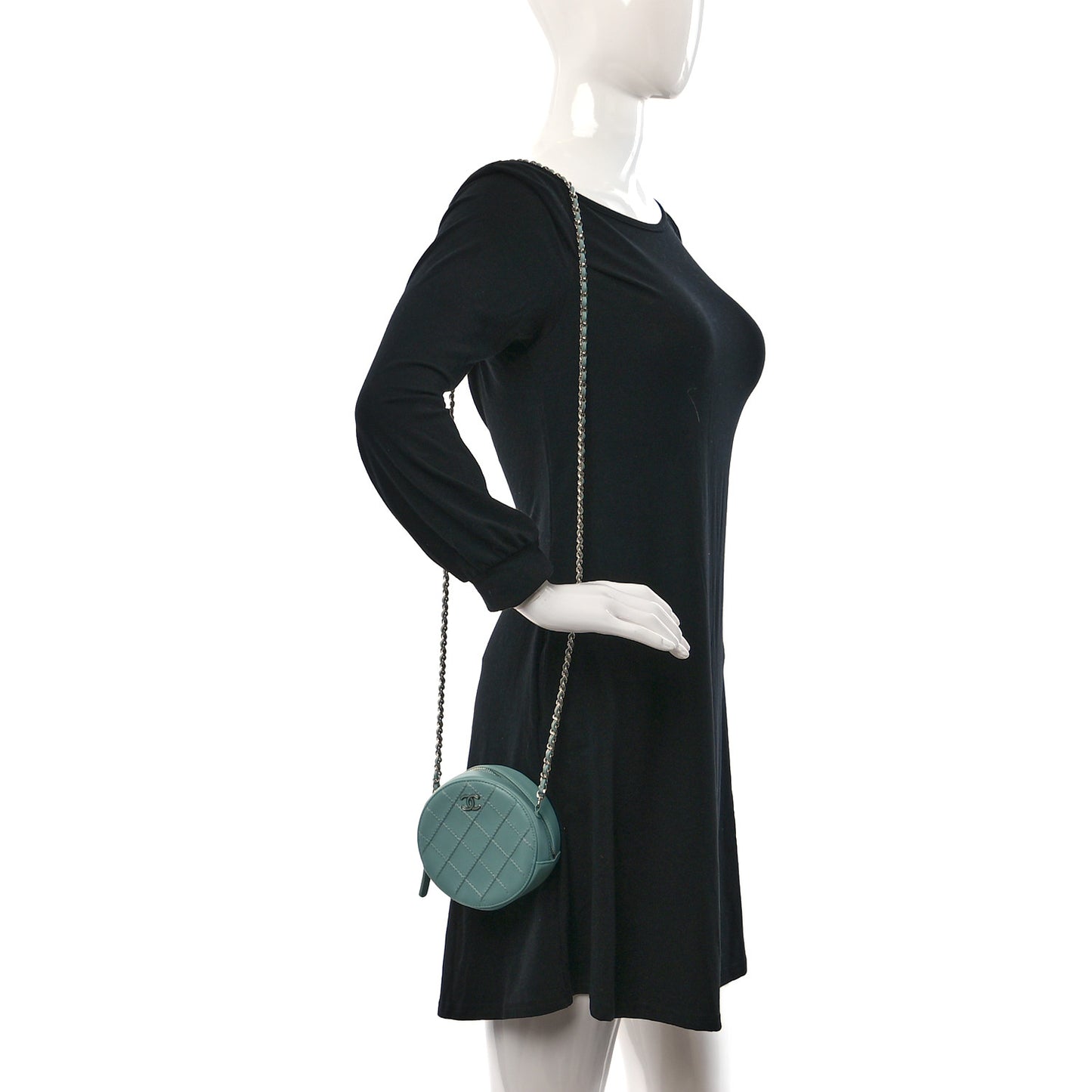 Lambskin Stitch Round Clutch With Chain Light Blue