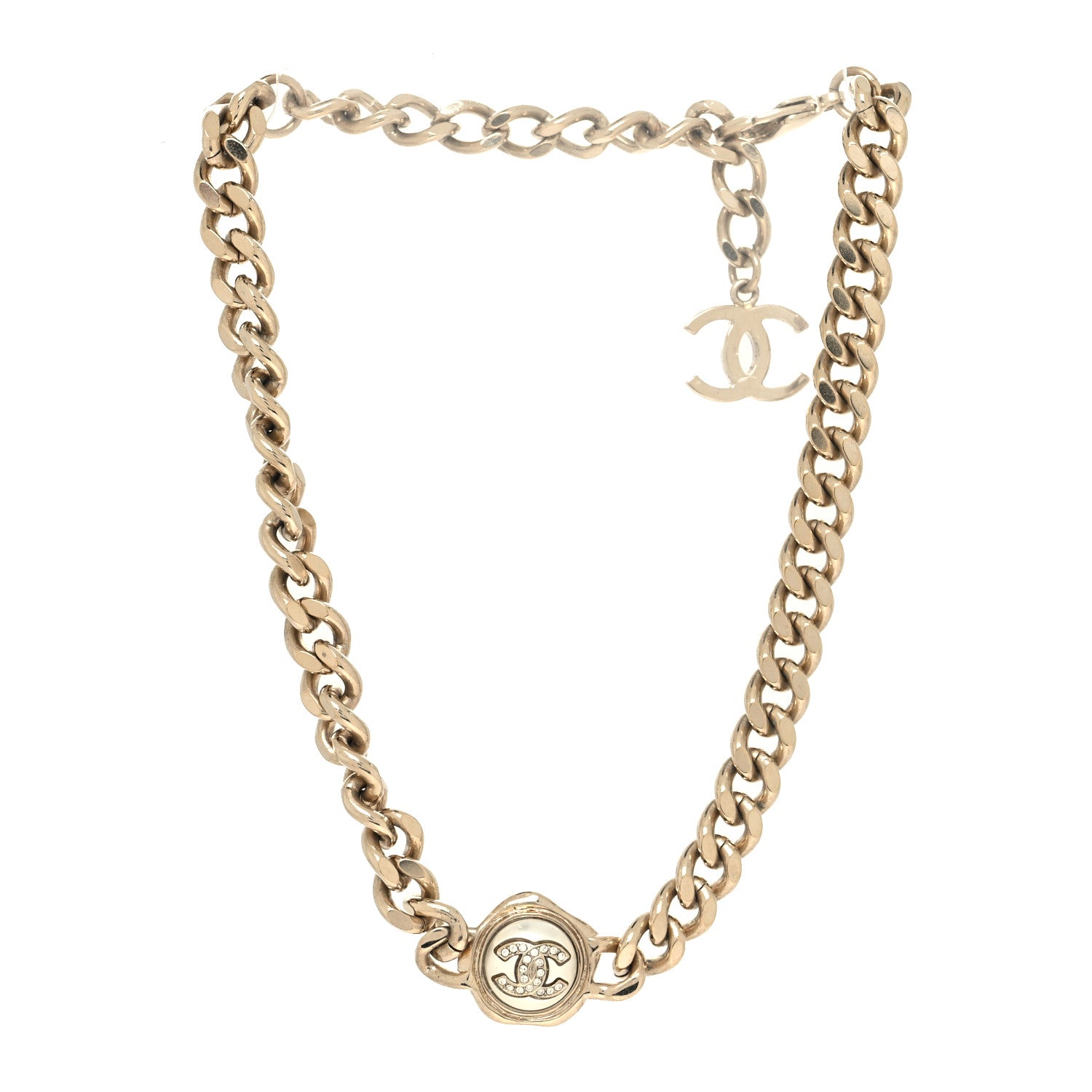 Chanel Pearl Crystal CC Chain Choker Necklace Gold 3 of 5