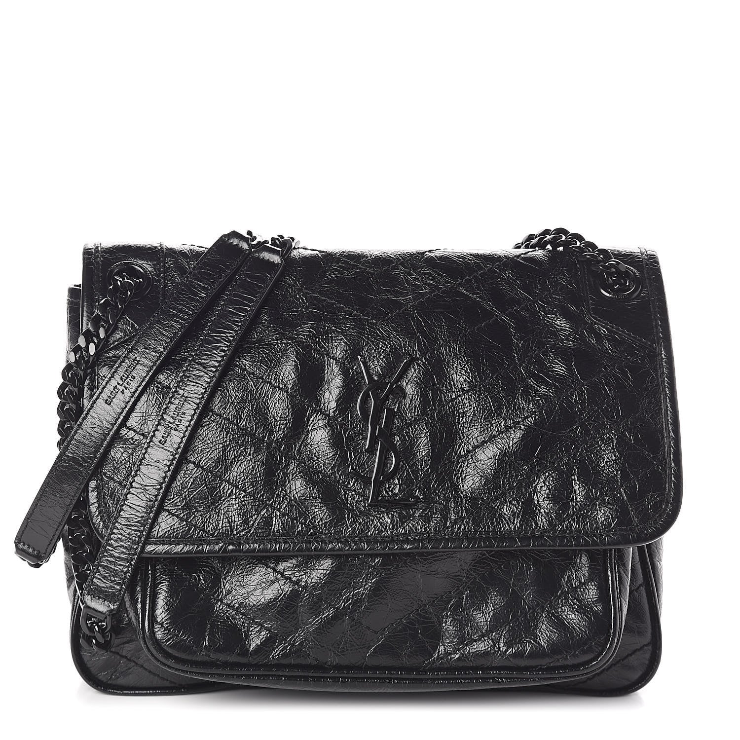 Saint Laurent Crinkled Calfskin Matelasse Monogram Medium Niki Chain Satchel Black 1 of 9
