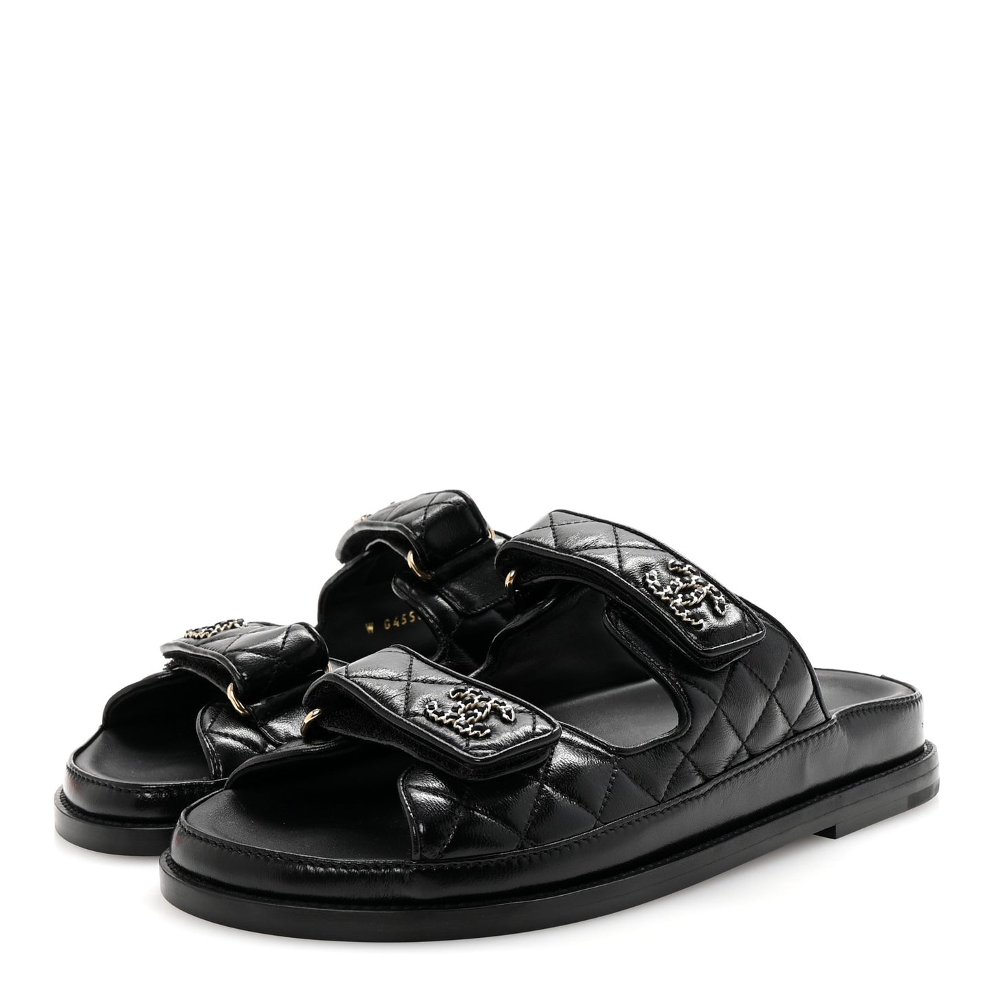 Lambskin Quilted Velcro Dad Chain CC Slide Sandals 38 Black