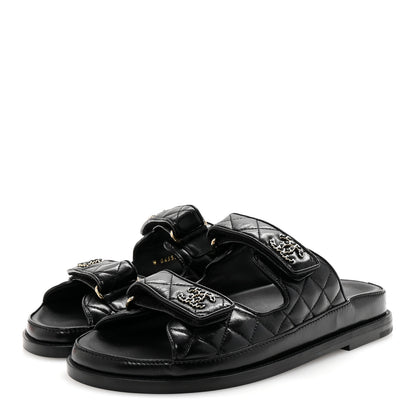 Chanel Lambskin Quilted Velcro Dad Chain CC Slide Sandals 38 Black 4 of 10