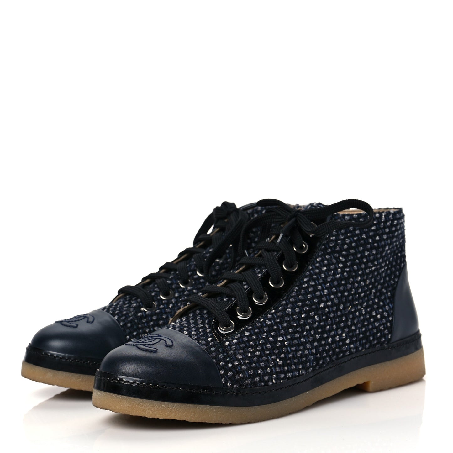 Tweed Calfskin Patent CC Lace Up Short Boots 36.5 Black Grey Dark Navy