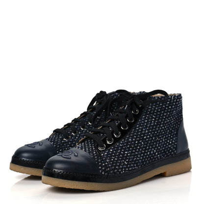 Chanel Tweed Calfskin Patent CC Lace Up Short Boots 36.5 Black Grey Dark Navy 3 of 7