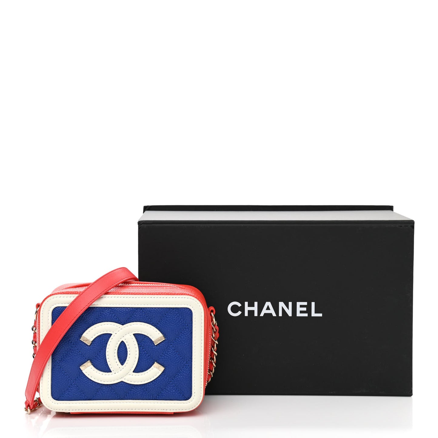 Caviar Quilted CC Filigree Vanity Clutch With Chain Blue White Red