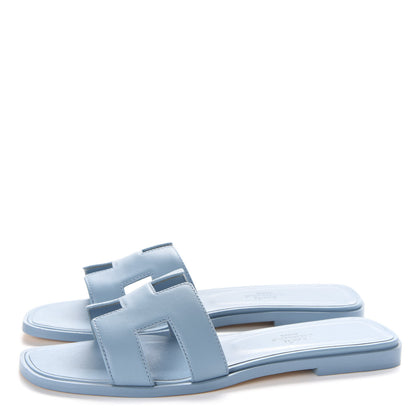 Hermes Calfskin Oran Sandals 37.5 Bleu Dorset 3 of 10