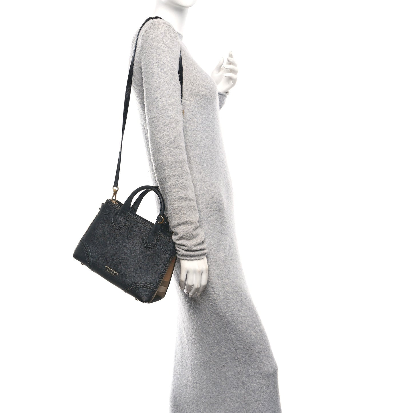 Grainy Calfskin House Check Small Brogue Banner Tote Black