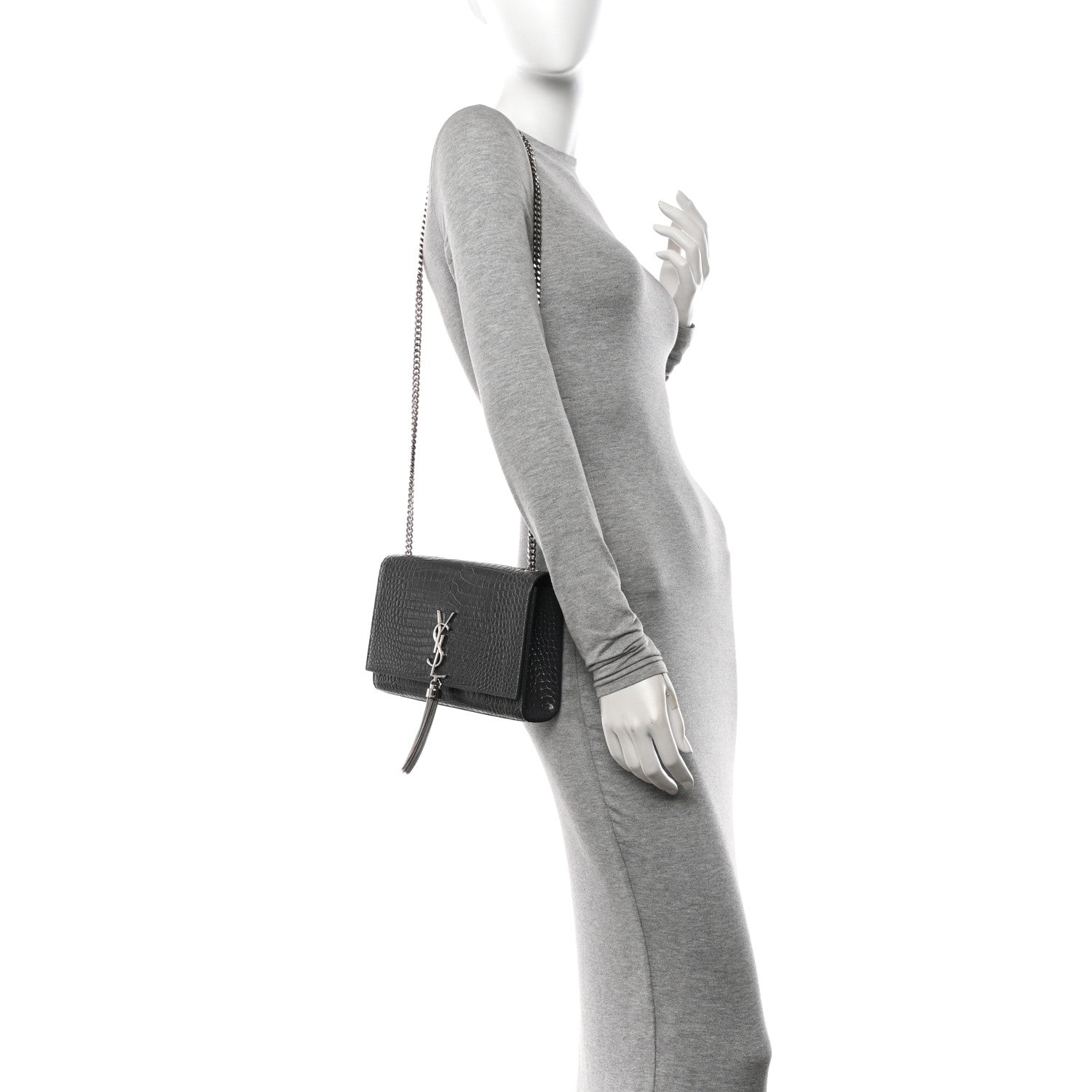 Saint Laurent Calfskin Crocodile Embossed Medium Classic Monogram Kate Tassel Satchel Storm 2 of 12