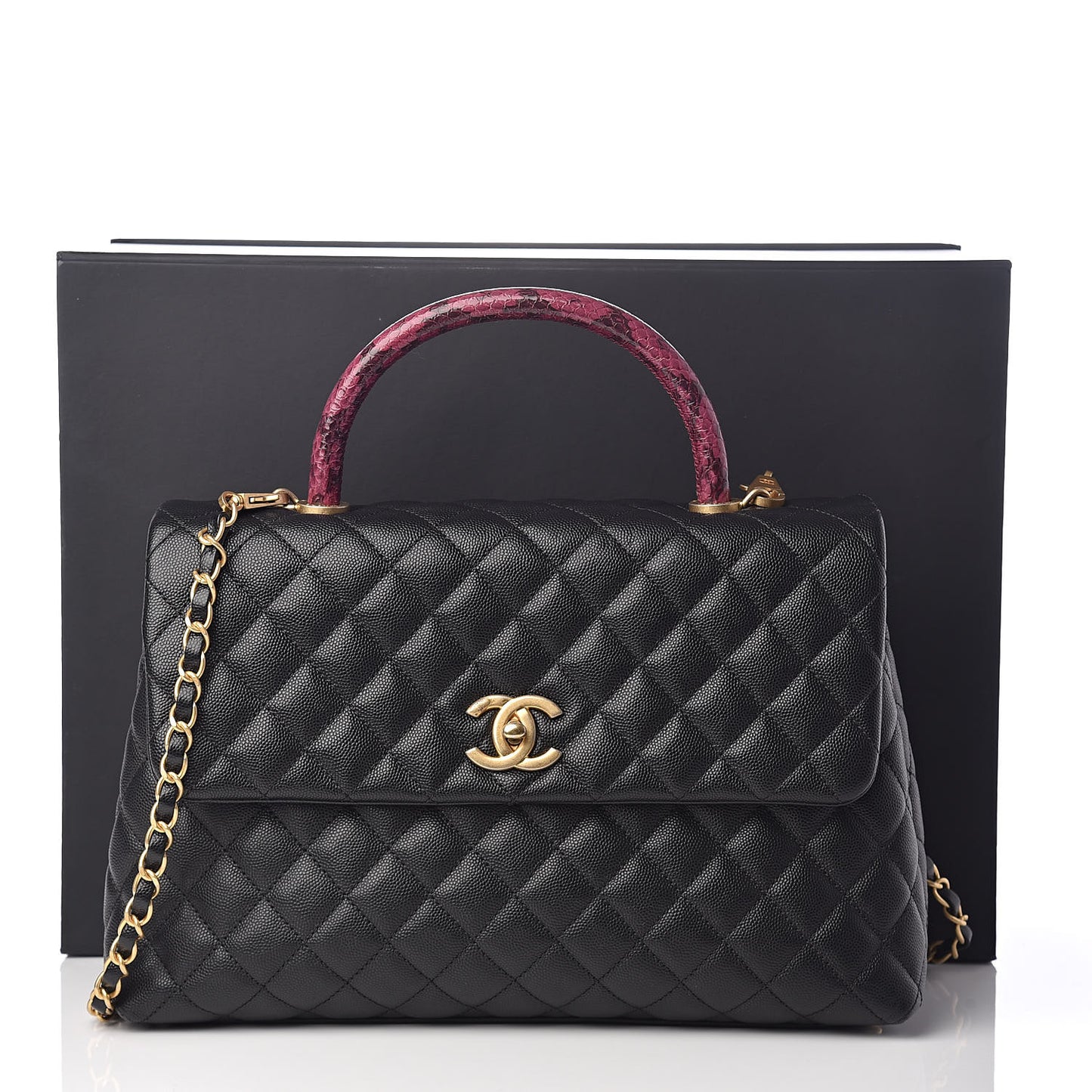 Caviar Elaphe Quilted Medium Coco Handle Flap Black Burgundy