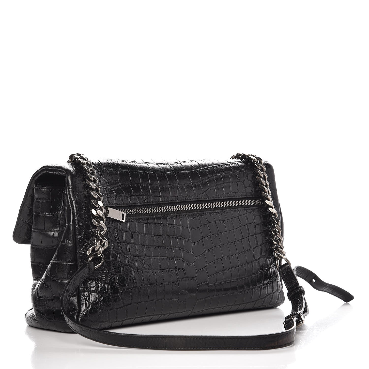 Saint Laurent Calfskin Crocodile Embossed Medium West Hollywood Monogram Fold-Over Black 3 of 8