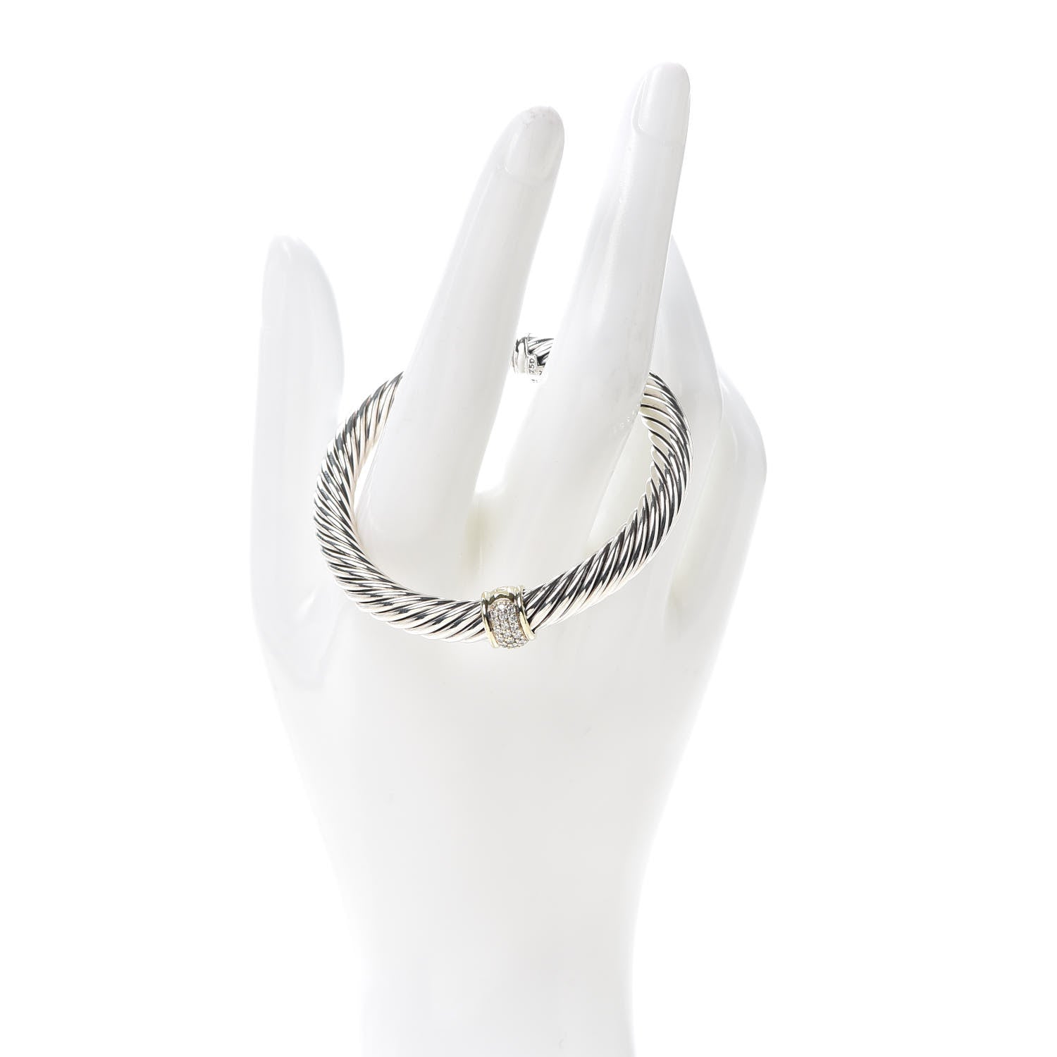 David Yurman Sterling Silver 18K Yellow Gold Diamond 7mm Cable Classics Station Bracelet 2 of 5