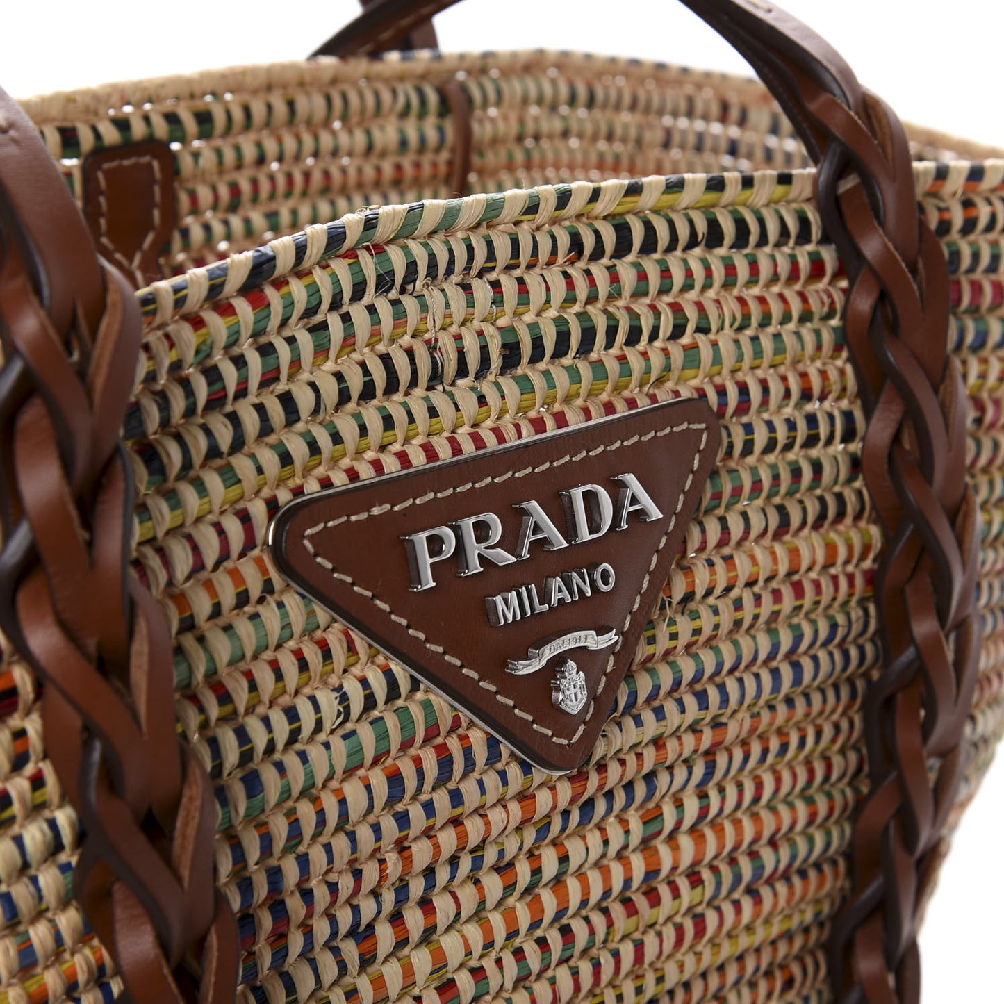 Paglia Vitello Woven Braided Basket Tote Multicolor Cognac