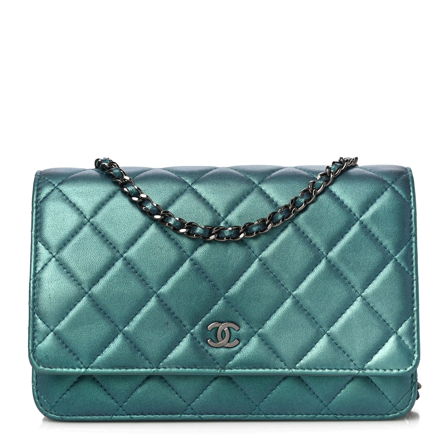 Iridescent Lambskin Quilted Wallet On Chain WOC Turquoise