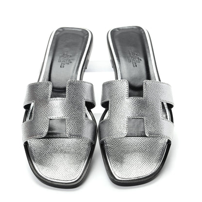 Hermes Metallic Epsom Oran Sandals 37 Gris Argente 5 of 10
