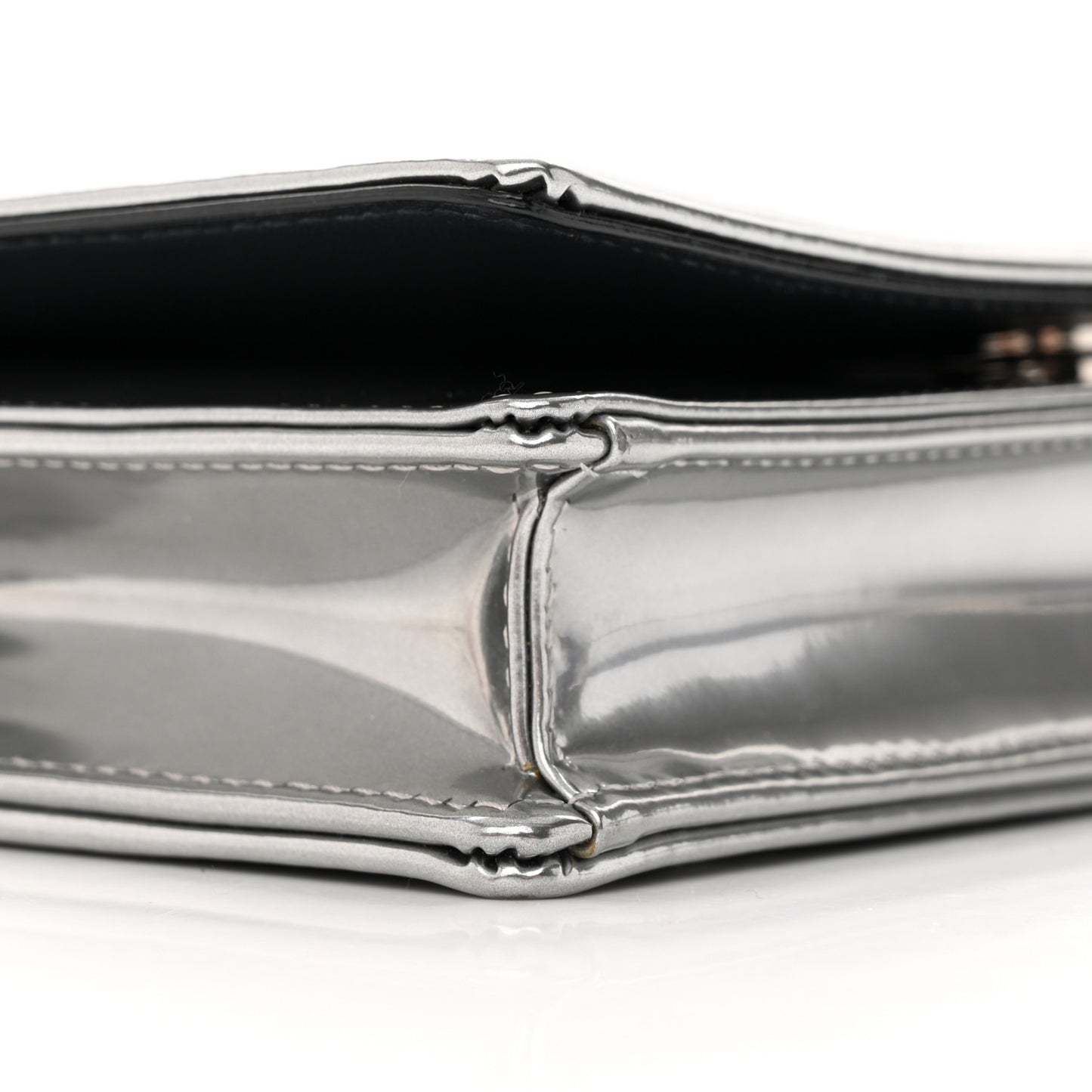 Metallic Patent Micro-Cannage Diorama Wallet on Chain Pouch Silver