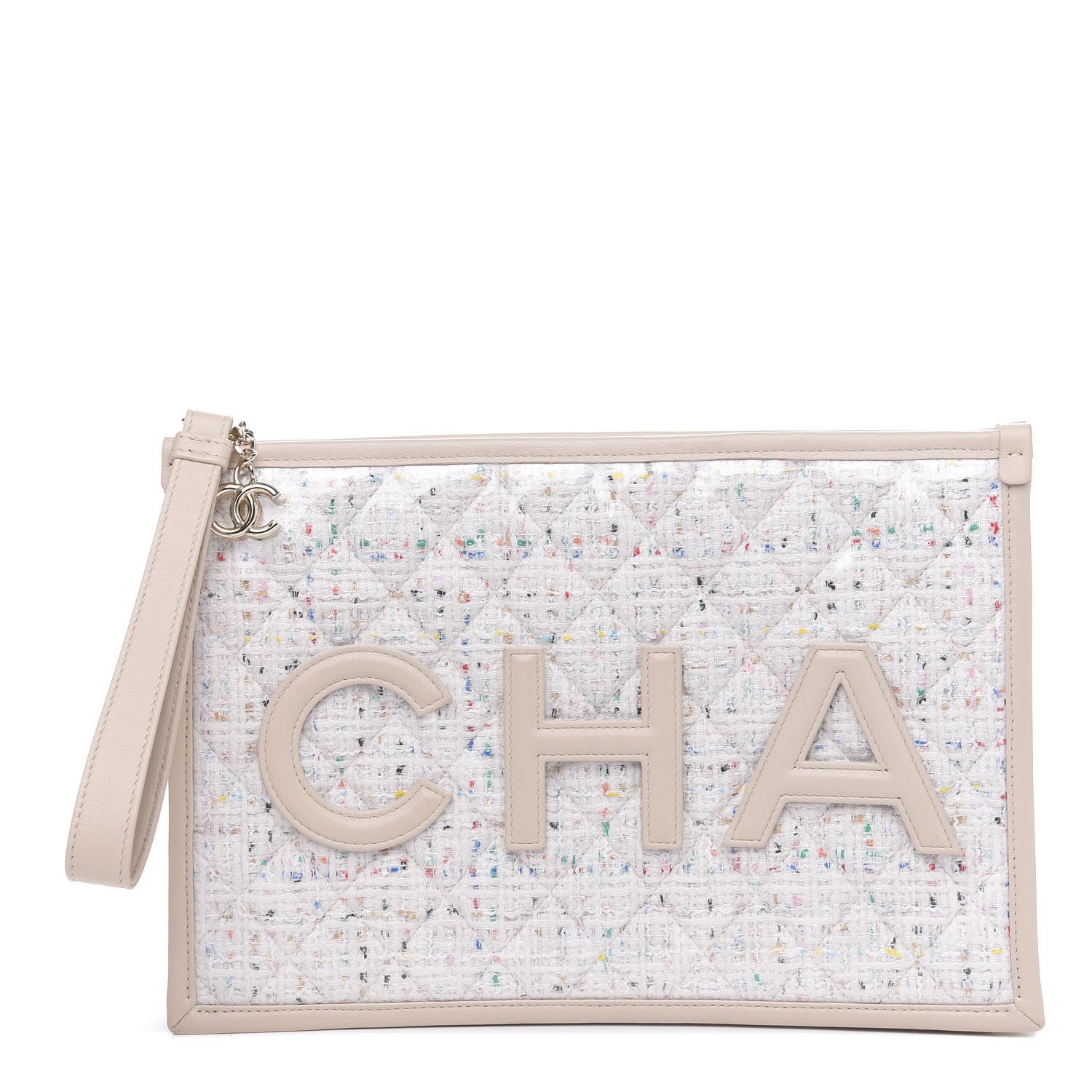 Chanel Tweed PVC Lambskin Wristlet Pouch Beige 1 of 11