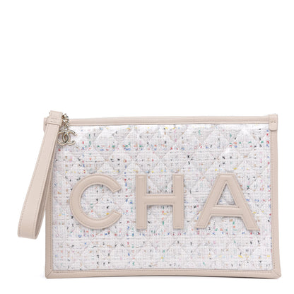 Chanel Tweed PVC Lambskin Wristlet Pouch Beige 1 of 11