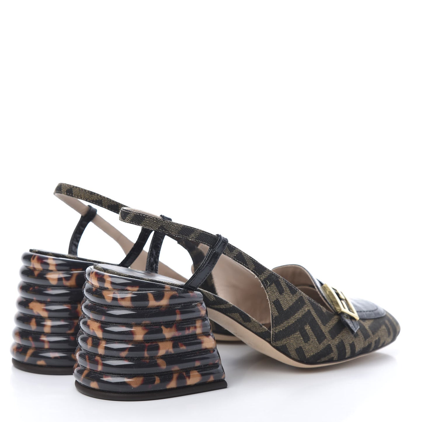 Jacquard Calfskin FF Tortoise Promenade Slingback Loafer Pumps 40 Tobacco