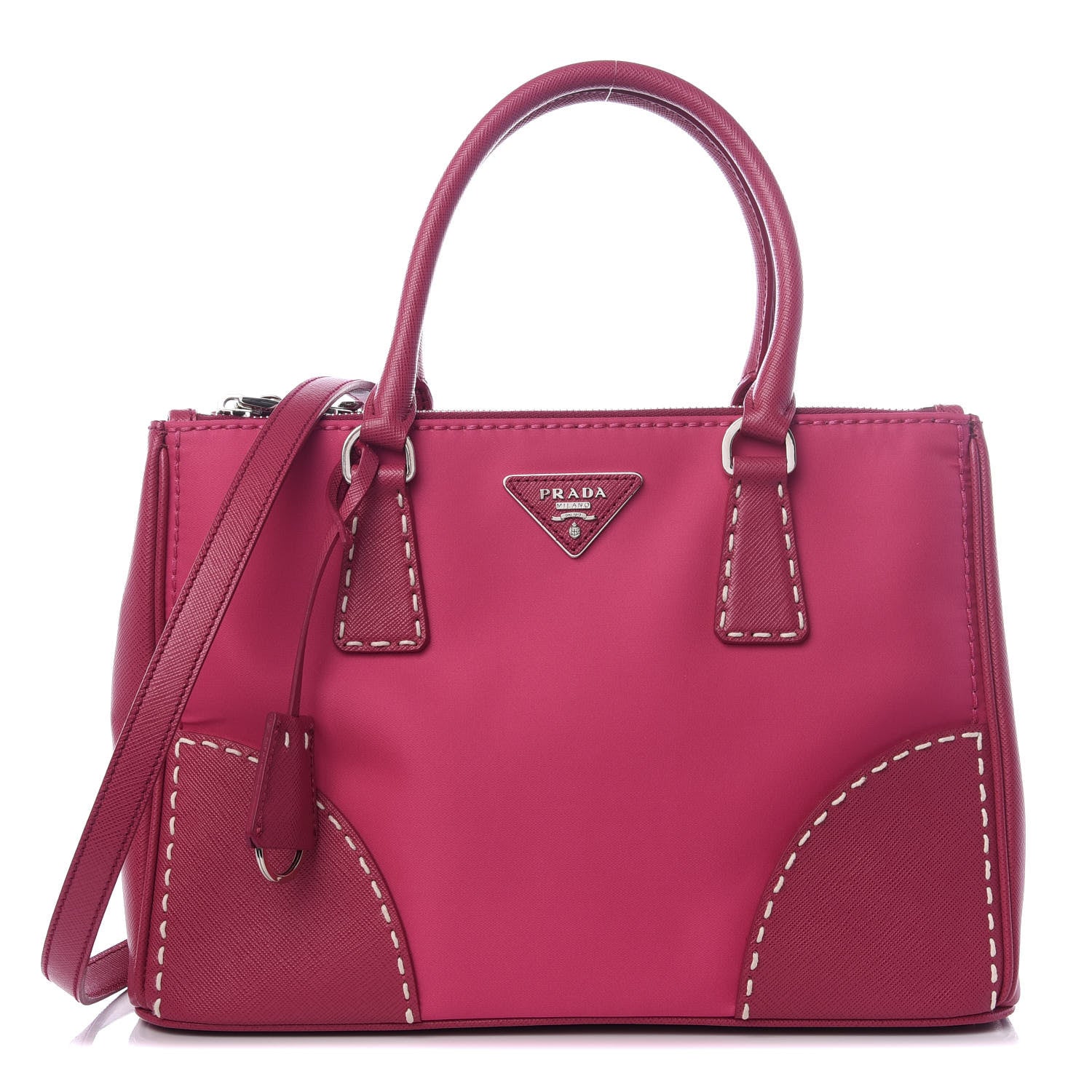 Prada Saffiano Nylon Tessuto Stitched Small Galleria Double Zip Tote Fuxia 1 of 8