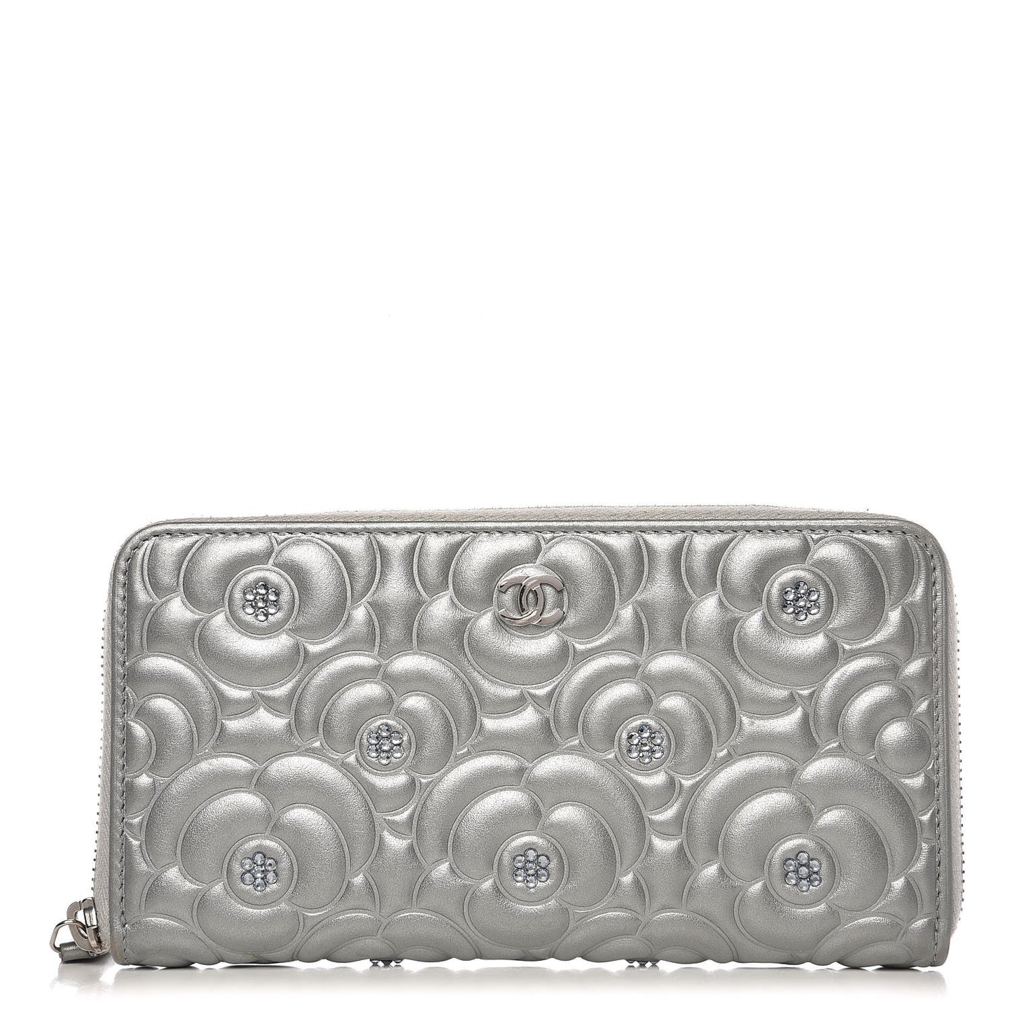Metallic Calfskin Diamante Camellia Zip Around Wallet Silver