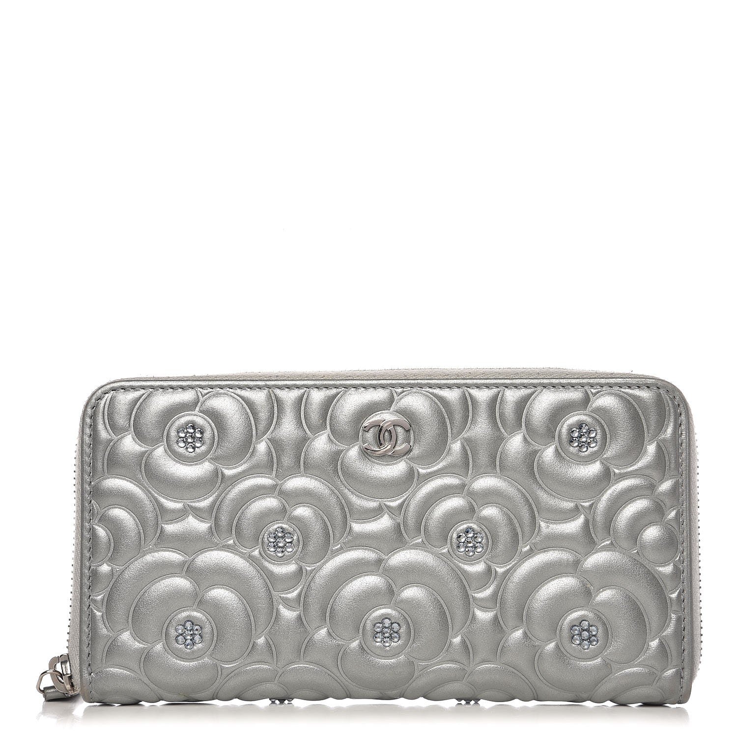 Chanel Metallic Calfskin Diamante Camellia Zip Around Wallet Silver 1 of 9