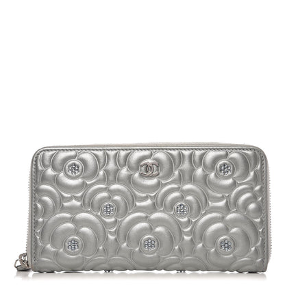 Chanel Metallic Calfskin Diamante Camellia Zip Around Wallet Silver 1 of 9